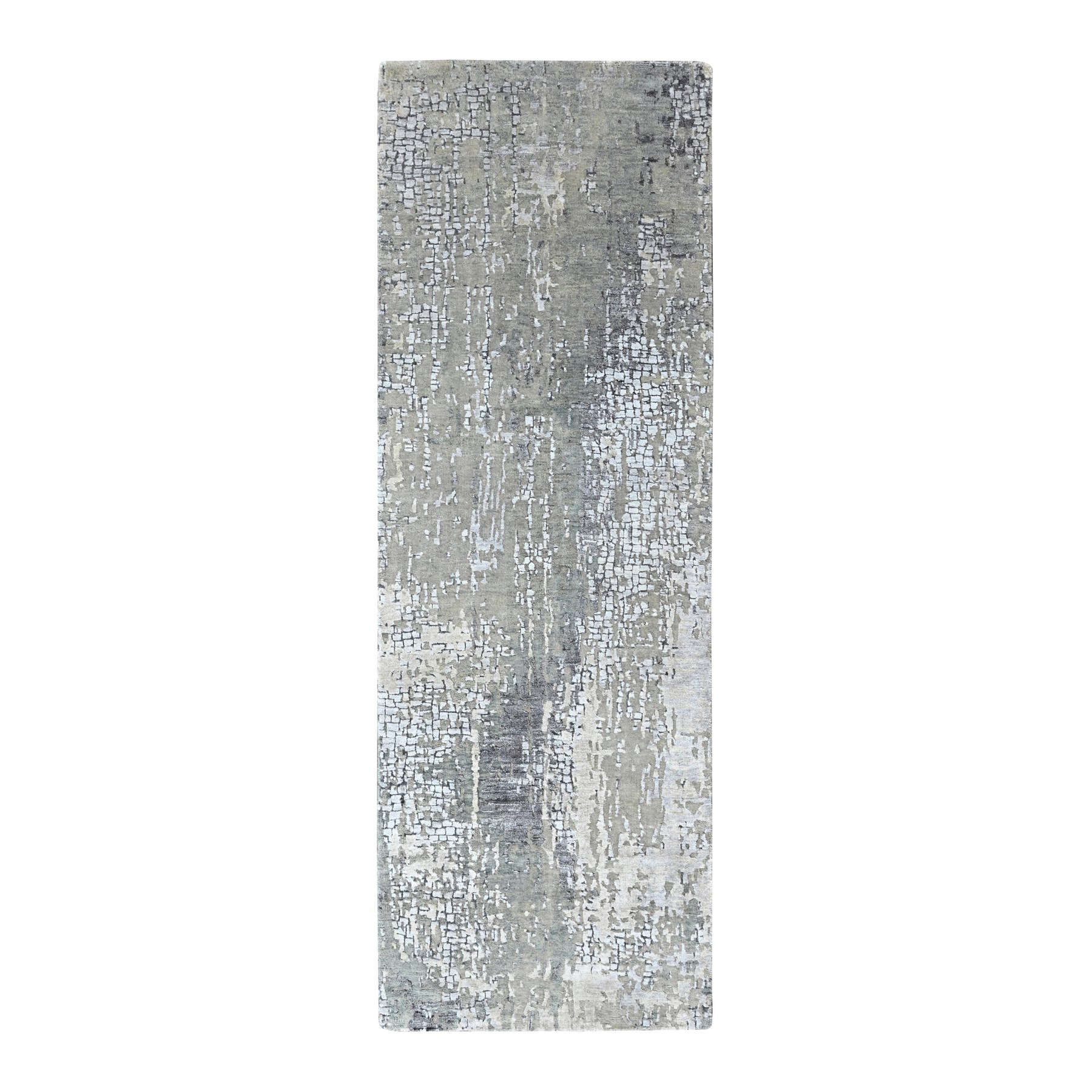 2'8"x8'1" Silver Gray, Modern Abstract with Mosaic Design, Hand Knotted, Wool and Silk, Persian Knot, Densely Woven, Runner, Oriental Rug 